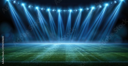 Bright stadium lights illuminate a green field at night