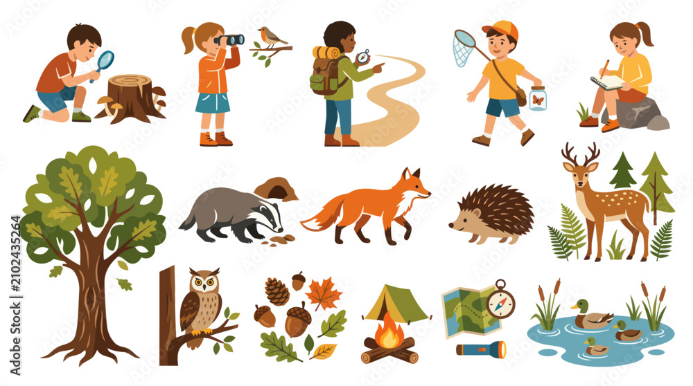 Obraz premium Children Outdoor Nature Study Flat Cartoon Icons Set: Kids Exploring Forest, Wildlife, and Camping Elements