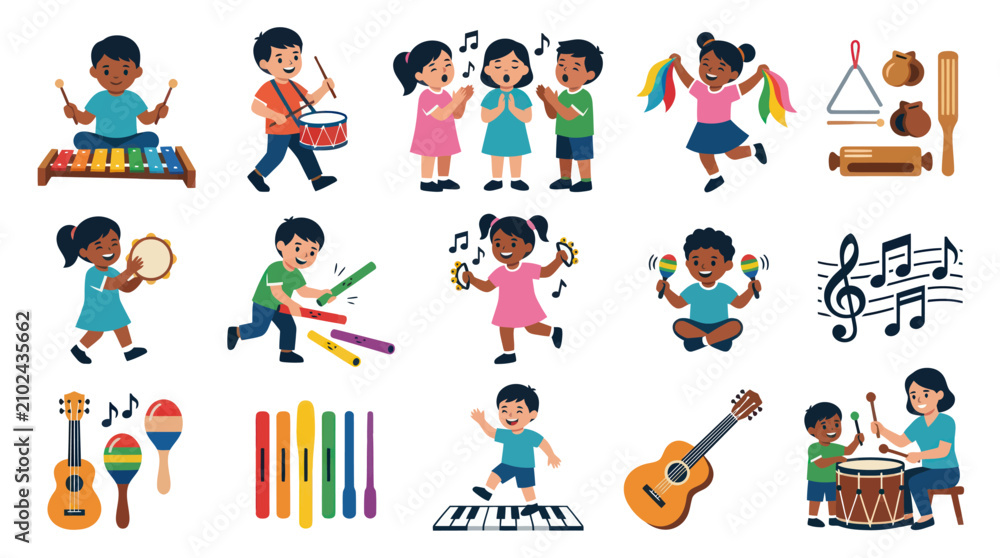 Fototapeta premium Happy Diverse Kids Playing Musical Instruments, Education, Flat Vector Art
