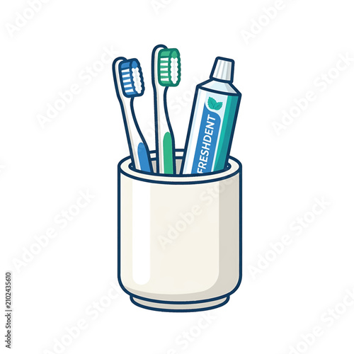 Toothbrushes and toothpaste in cup.