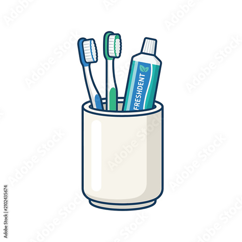 Toothbrushes and toothpaste in holder.