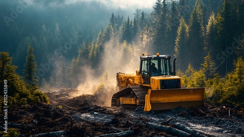 Yellow bulldozer demolishes trees in dense forest clearing dust and debris under misty morning light showcasing environmental destruction and deforestation impact with rugged terrain.