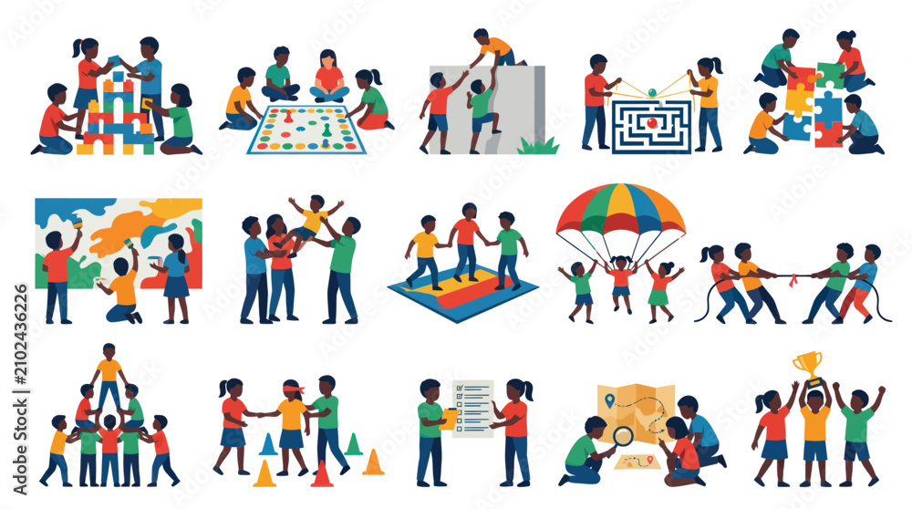 Fototapeta premium Children's Activities and Games - Diverse Kids Playing Together, Flat Style Vector