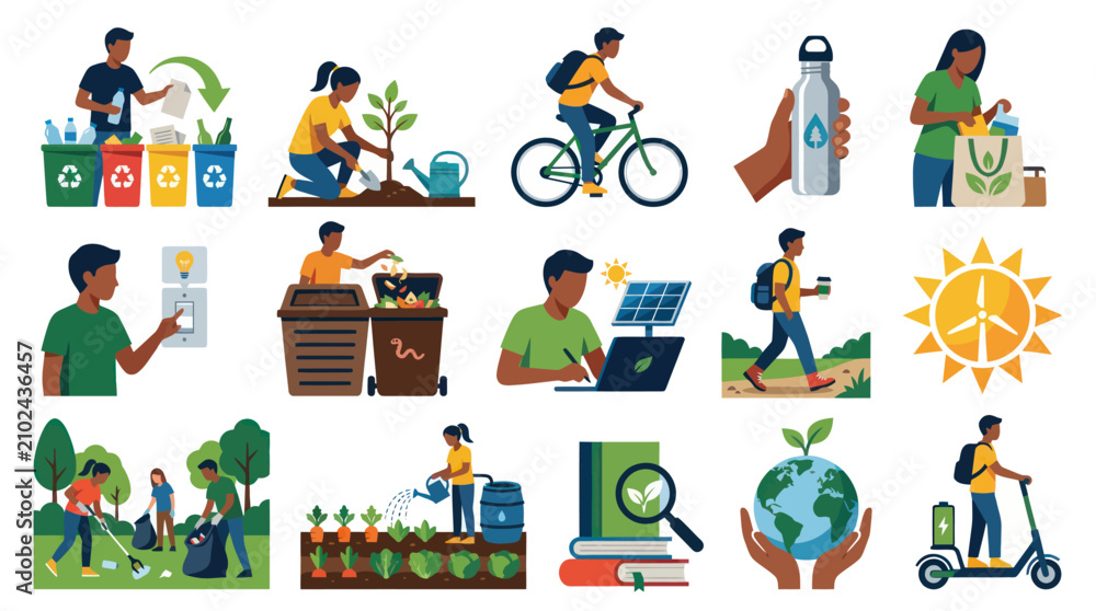 Naklejka premium Sustainable Lifestyle Activities Flat Vector Illustration Set for Environmental Protection