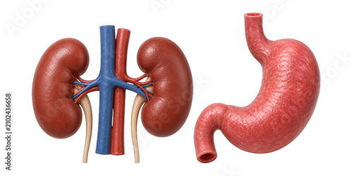 Human Kidneys and Stomach Anatomical Models Isolated on Transparent Background generative ai