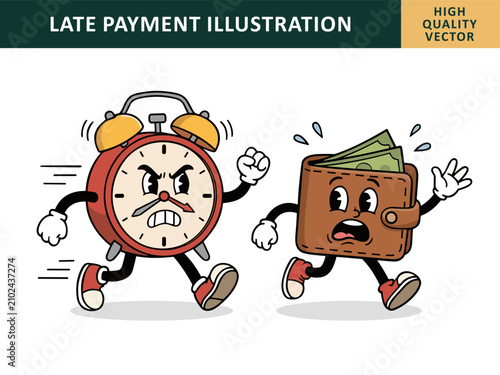 Canvas Print Late Payment Financial Problem Illustration with a Worried Wallet Running Away from an Angry Alarm Clock