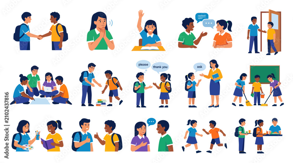 Fototapeta premium Diverse Kids Illustrate Positive School Interactions, Flat Style