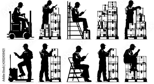 Photography Warehouse Worker Silhouettes: Forklift, Pallets, Boxes, Ladder, Inventory Manage