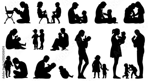 Photography Family Silhouettes, Parents and Children Poses, Vector Icons for Lifestyle and C