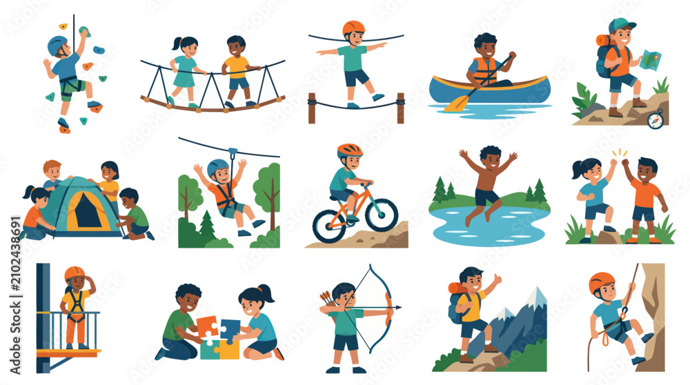 Fototapeta premium Kids Outdoor Adventure Activities Vector Icons Set Flat Style
