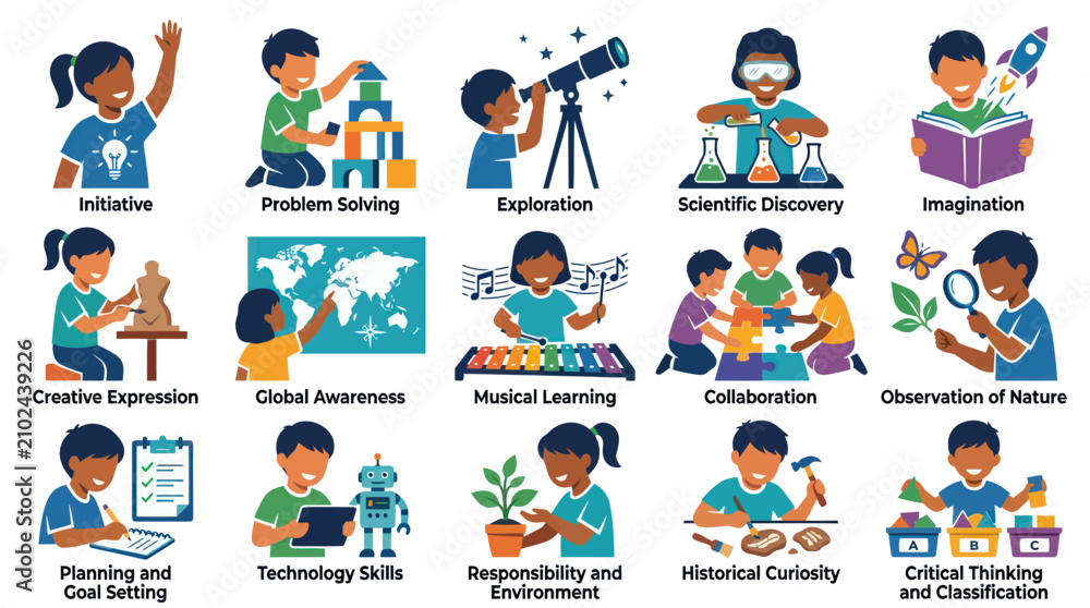 Fototapeta premium Children learning - diverse skills education flat vector illustration icons
