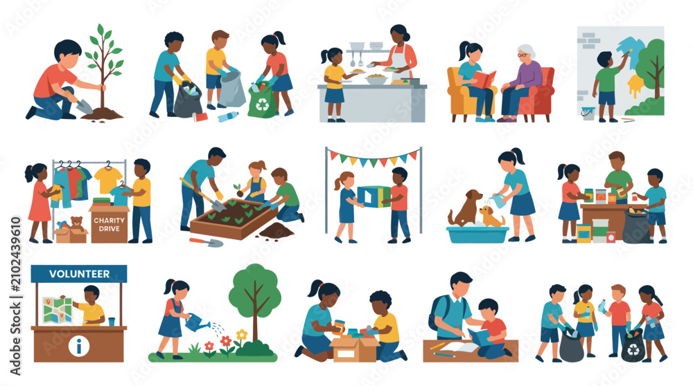 Fototapeta premium Volunteering and Community Service Flat Vector Illustration Set for Charity, Kids Helping Others