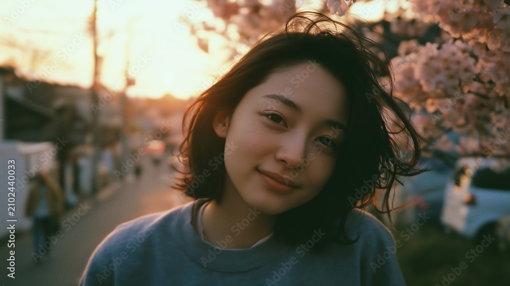 Fototapeta premium Young woman smiles while standing near cherry blossoms during sunset in a quiet street