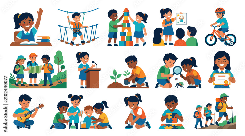 Fototapeta premium Diverse Kids Engaged in Learning Activities, Flat Design Education Vector Art