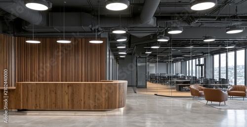 Modern reception area with wood accents and seating