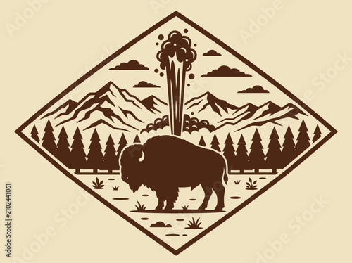 Quadro su tela Vintage Yellowstone National Park emblem featuring bison, erupting geyser, and mountain range silhouette in diamond frame