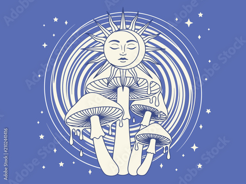 Canvastavla Celestial Psychedelic Mushroom Art with Sun and Moon Face in Mystic Occult Style
