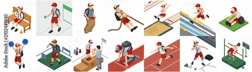 Isometric Vector Illustration of Indonesian School Students Participating in Sports Day and Traditional Games Collection