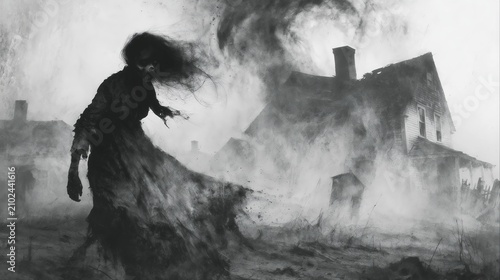 Mysterious figure walks through a stormy landscape near an old house with dark clouds above