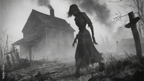 Dark figure walks in a foggy graveyard near a broken-down house with smoke rising
