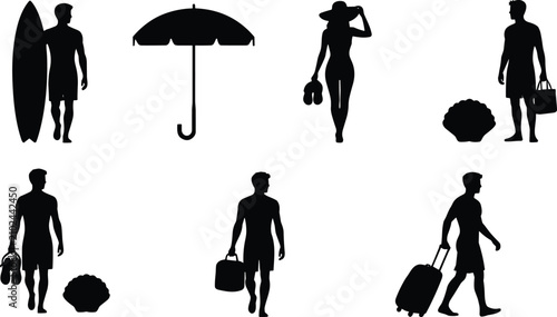 Photography Summer Beach Vacation Vector Silhouette Bundle with Travelers and Surfer Isolate