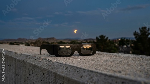 Solar eclipse viewing glasses resting on a concrete ledge at dusk.