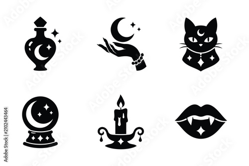 Magic & Mystical Black Silhouette Icon Set – Witchcraft, Moon, Crystal Ball, Black Cat, Potion Bottle, Candle and Vampire Lips Vector Collection
