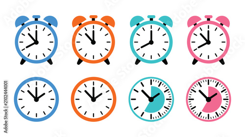 Alarm clock and timer icon set in colorful flat vector style, stopwatch, countdown, reminder, and time management symbols