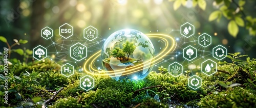 Innovative vision of a sustainable planet embraced by nature featuring technology symbols and environmental icons that signify green energy and conservation efforts
