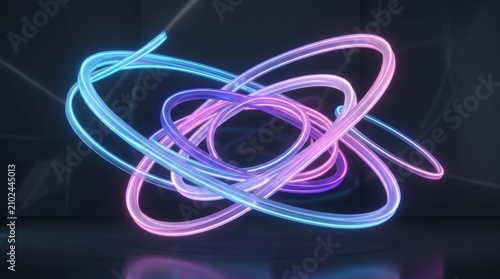A neon light sculpture with a futuristic, abstract design, featuring a combination of blue and purple hues, creating a mesmerizing and vibrant visual effect.