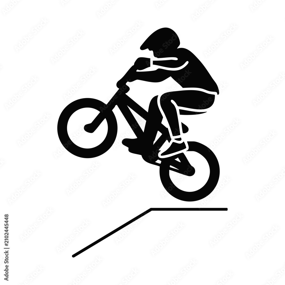 Obraz premium Teenager performing a BMX bike jump vector illustration. Young male cyclist silhouette doing a stunt. Black and white graphic isolated on transparent background