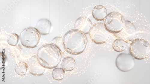 A modern, abstract light fixture with transparent glass spheres and golden threads, hanging from the ceiling in a white room with a soft, blurred background.
