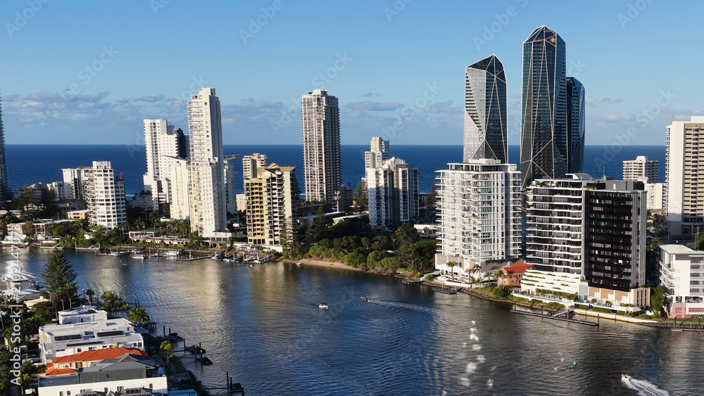 Fototapeta premium Aerial View of Modern Skyscrapers Along Gold Coast River Canal