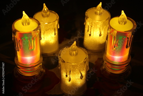 Diwali decoration of electric light looking like Burning Wax candles at dark. 