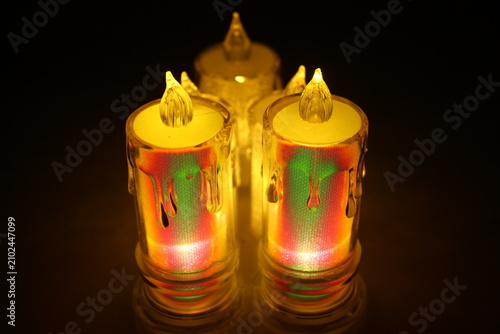 Diwali decoration of electric light looking like Burning Wax candles at dark. 