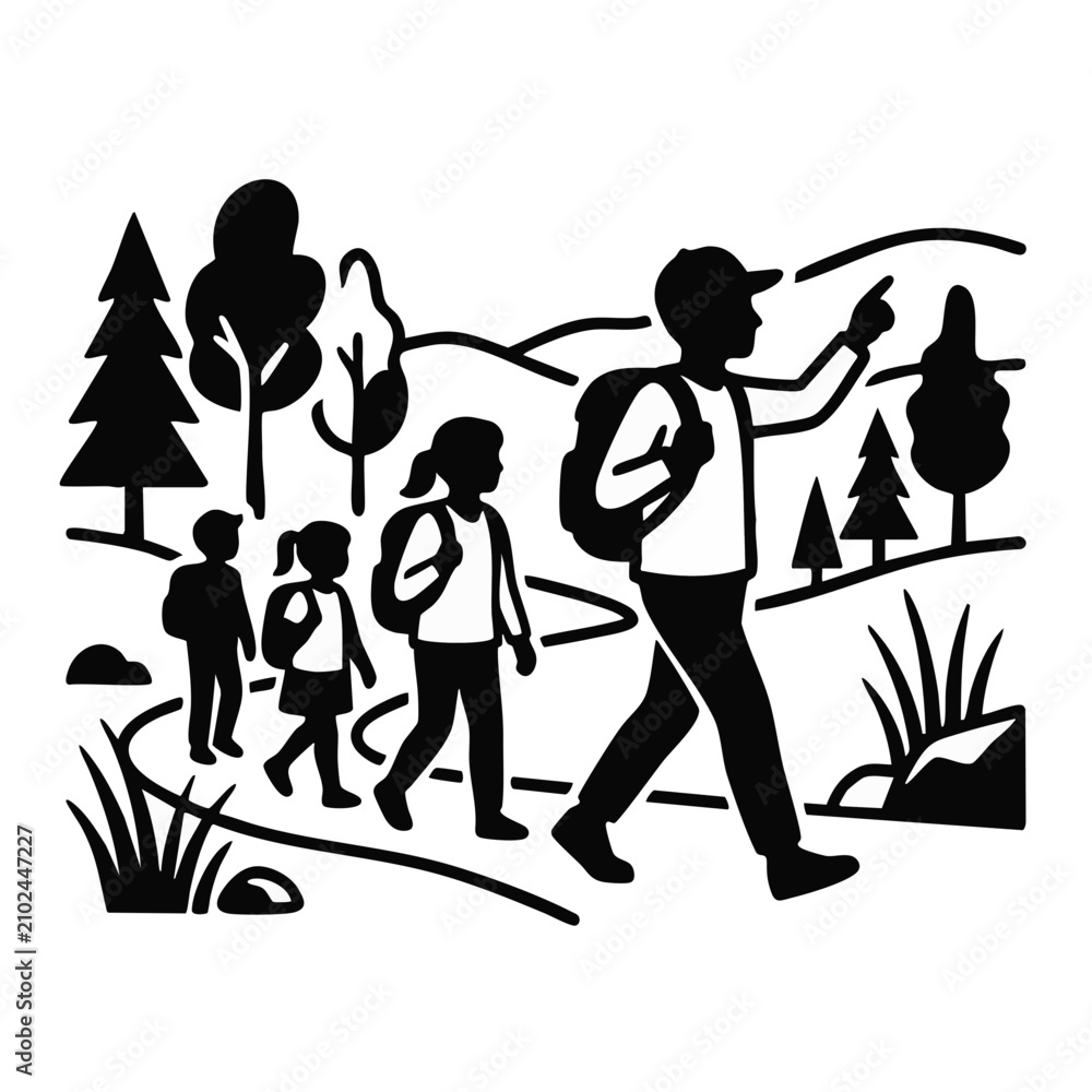 Obraz premium Adolescent leading nature walk. Black and white vector illustration. Teenager guiding children on hiking trail isolated on transparent background