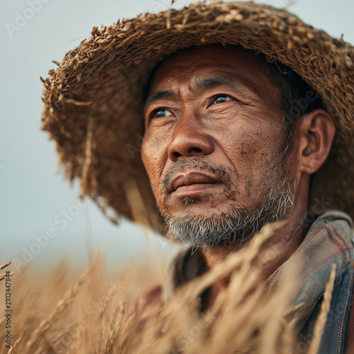 Fototapeta One rice farmer is standing among a golden paddy field.