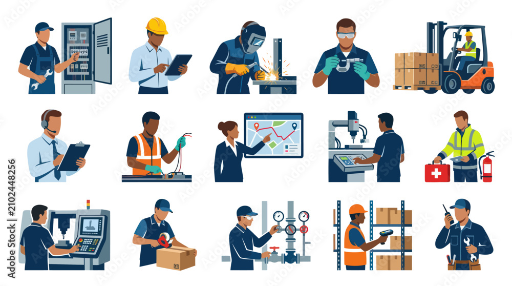 Fototapeta premium Diverse Industrial Workers in Flat Style with Technology and Machinery Icons