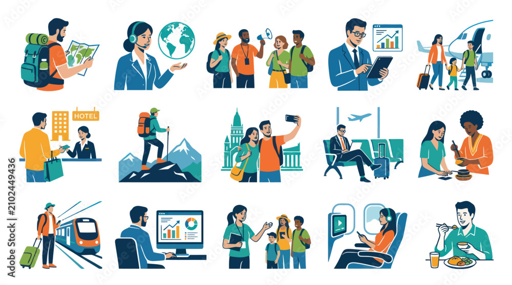 Fototapeta premium Flat Vector Travel Tourism Industry Scenarios: People Planning, Booking, Exploring, Dining