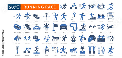 Schilderij op canvas running race icon set with  run, racer, sprint, race, running track, running, sp