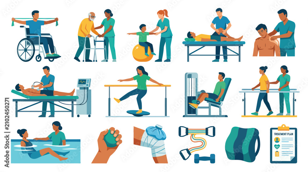 Fototapeta premium Physical Therapy and Rehabilitation Flat Vector Illustration Set for Medical Health and Recovery