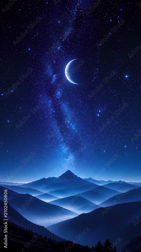 Fototapeta premium Crescent moon surrounded by billions of stars above misty mountains, elegant celestial landscape, calming blue tones, luxury minimalist wallpaper