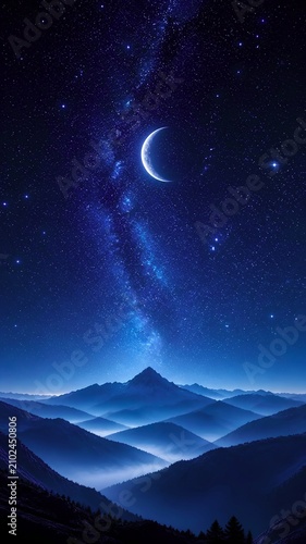 Crescent moon surrounded by billions of stars above misty mountains, elegant celestial landscape, calming blue tones, luxury minimalist wallpaper