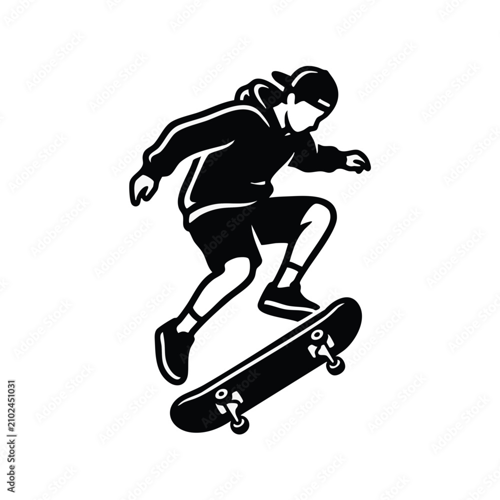 Fototapeta premium Teen boy skateboarder performing kickflip trick. Youth skater mid-air action vector illustration. Graphic isolated on transparent background