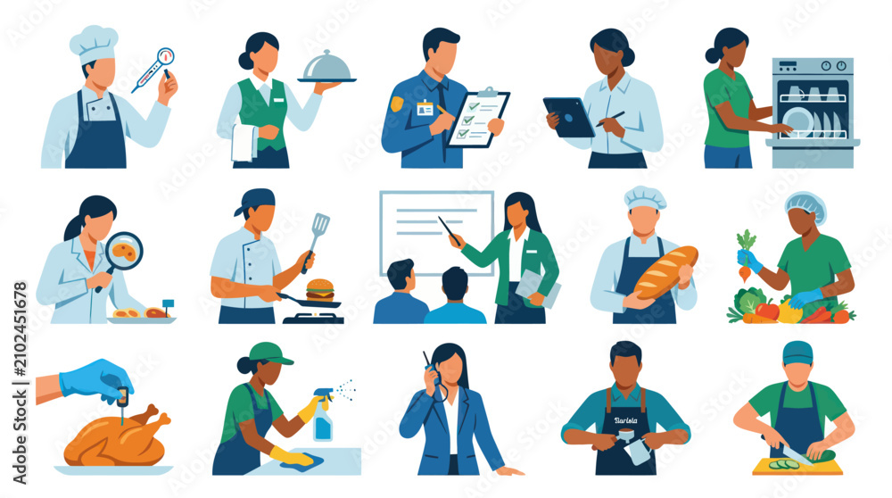 Fototapeta premium Food Industry Professionals and Tasks: Safety, Production, Service, and Hygiene Flat Vector Illustration