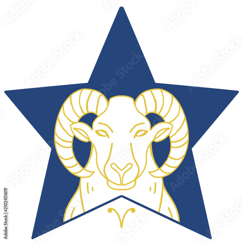 Blue star background with bold white lines forming a golden ram aries zodiac symbol. Suitable for astrologythemed designs and products.