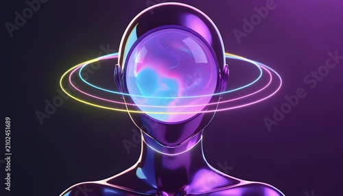 Metallic humanoid mannequin with glowing multi-layered light orbits. Artificial intelligence and cosmic energy web. Digital entity posing with a futuristic helmet visor.