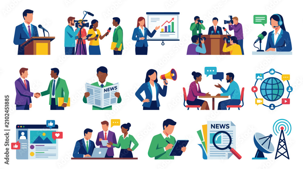 Fototapeta premium Flat Design Media and Journalism Icons: News, Interview, Broadcast, Press Conference
