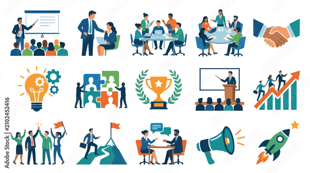 Fototapeta premium Business Meeting Icons: Teamwork, Success, Presentation, Strategy, Growth, Flat Art