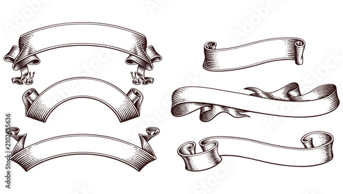 Vintage ribbon banners set. Hand drawn engraving style scroll labels for design.